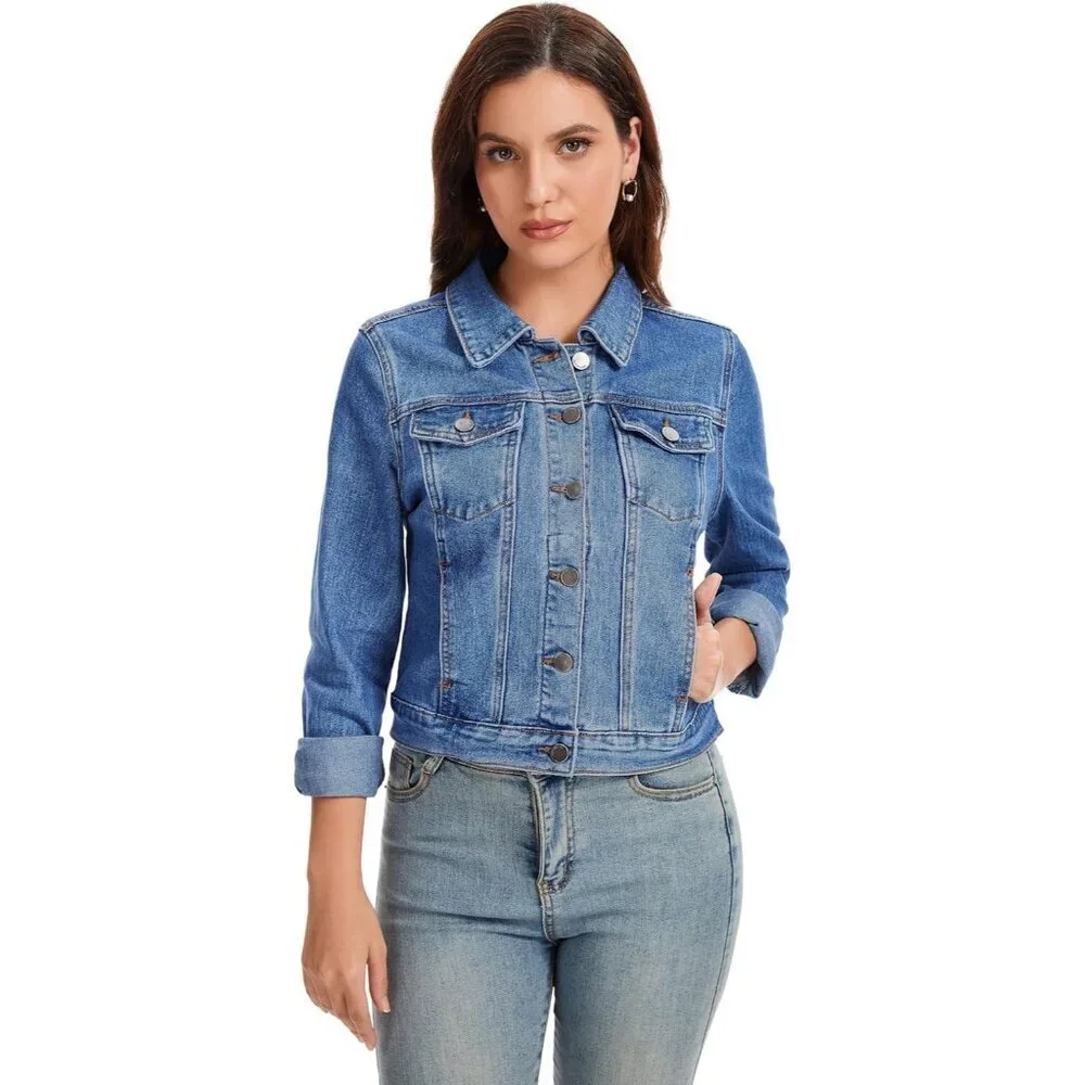 andy & natalie Women's Jean Jacket Stretch Cropped Button Down Denim Jackets